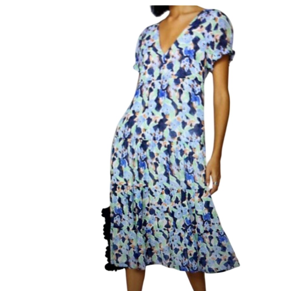 Club Monaco Women Floral Seamed Tiered Midi Dress Blue Green Multi Cotton Size 4